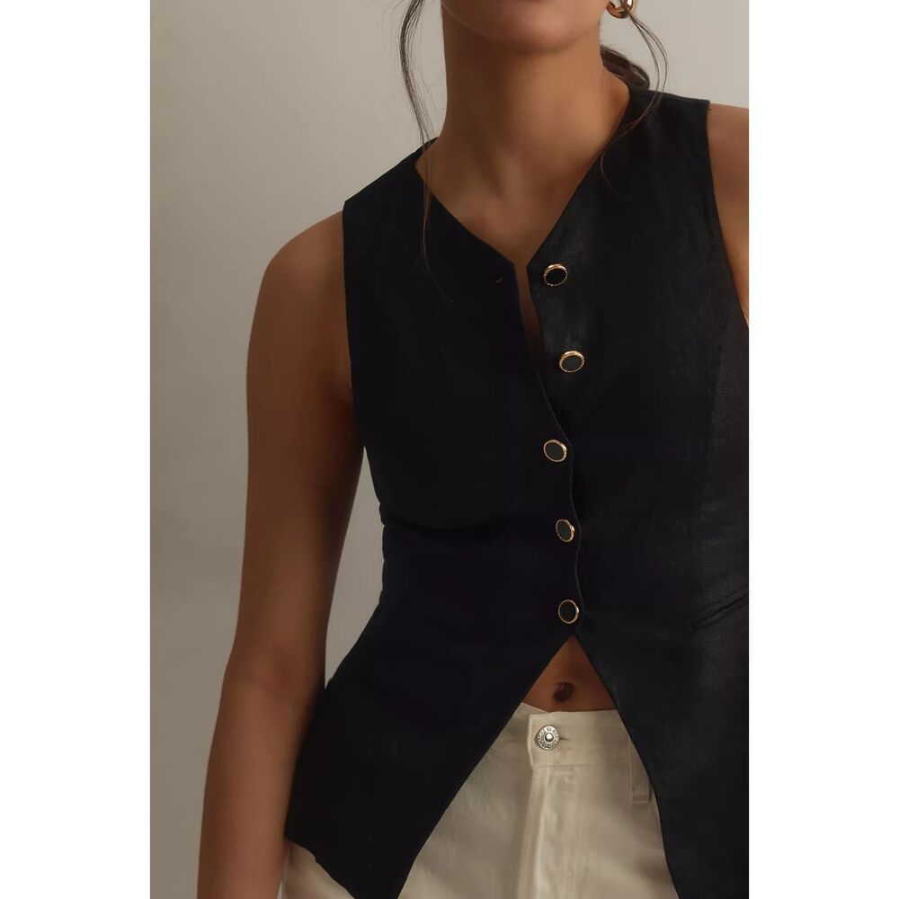 Reformation Aspen Black 100% Linen Vest Top Women's Size 12 Gold Button